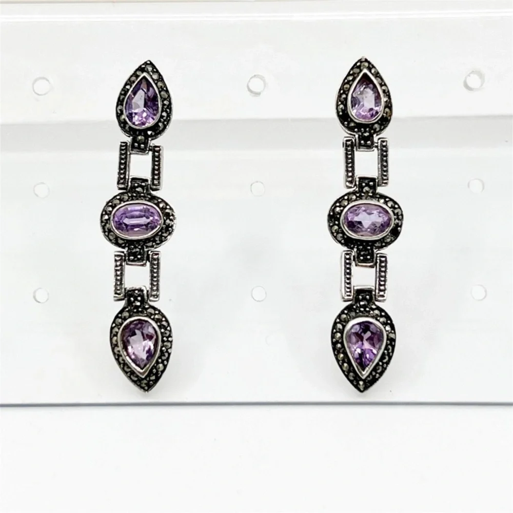 sterling silver amethyst & marcasite drop earrings